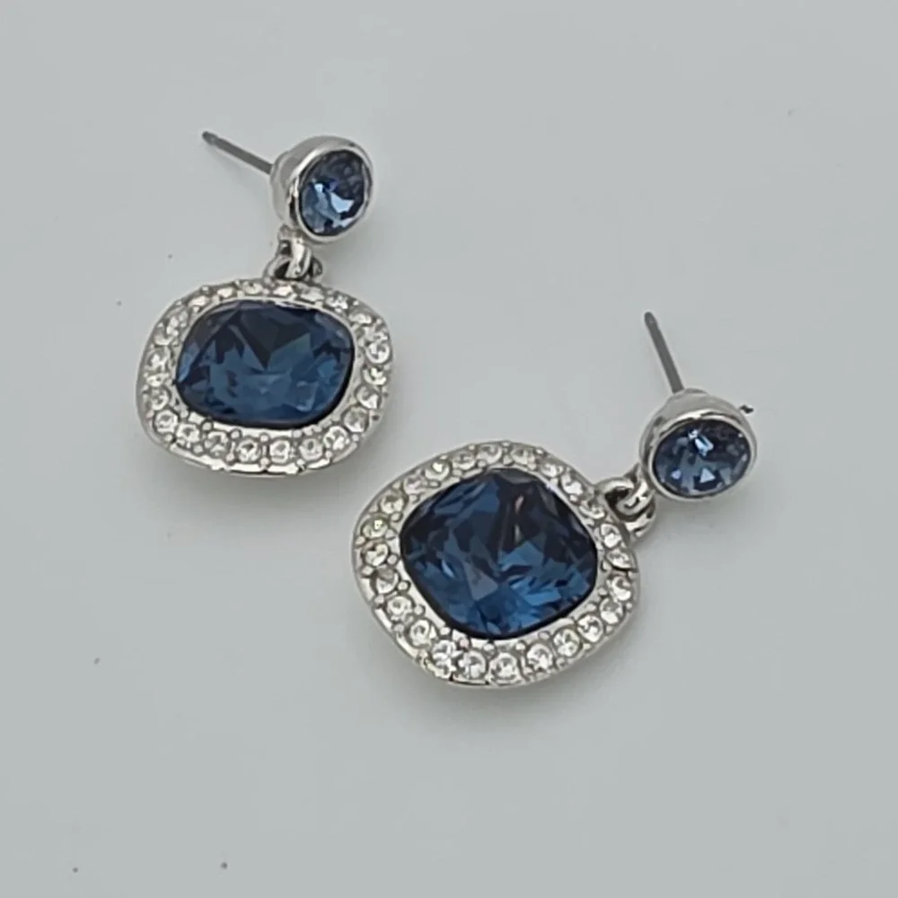 New! GIVENCHY Earrings SWAROVSKI Crystals Blue & Clear‎ Silver Plate Dangle Drop